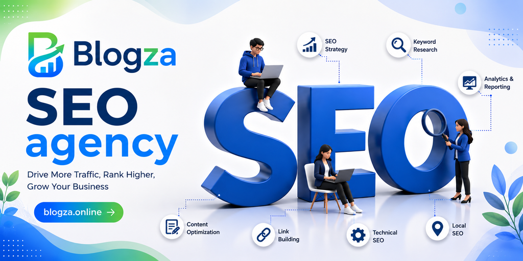 Monthly SEO services strategy with keyword research, technical SEO, content marketing, analytics, and AI Search optimization for Blogza.